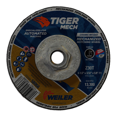 Tiger 58066 90 deg Notching Maximum Performance Cutting Wheel, 4-1/2 in Dia x 3/32 in THK, 5/8-11 UNC Center Hole, 30 Grit, Ceramic/Zirconia Alumina Abrasive
