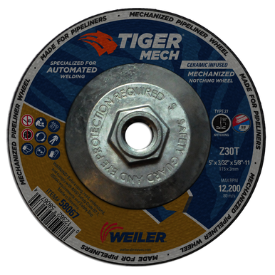 Tiger 58067 90 deg Notching Maximum Performance Cutting Wheel, 5 in Dia x 3/32 in THK, 5/8-11 UNC Center Hole, 30 Grit, Ceramic/Zirconia Alumina Abrasive