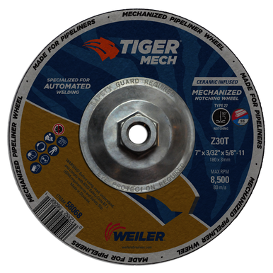 Tiger 58068 90 deg Notching Maximum Performance Cutting Wheel, 7 in Dia x 3/32 in THK, 5/8-11 UNC Center Hole, 30 Grit, Ceramic/Zirconia Alumina Abrasive