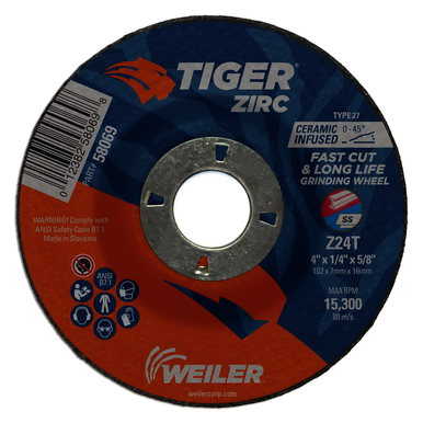 Tiger 58069 High Performance Grinding Wheel, 4 in Dia x 1/4 in THK, 5/8-11 UNC Center Hole, 24 Grit, Aluminum Oxide Abrasive