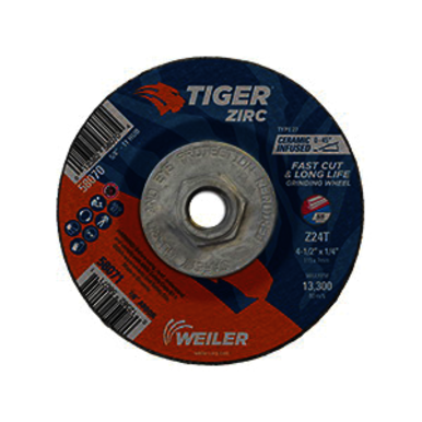 Tiger 58070 Performance Line Depressed Center Grinding Wheel, 4-1/2 in Dia x 1/4 in THK, 24 Grit, Zirconia Alumina Abrasive