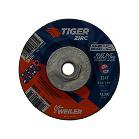 Tiger 58070 Performance Line Depressed Center Grinding Wheel, 4-1/2 in Dia x 1/4 in THK, 24 Grit, Zirconia Alumina Abrasive
