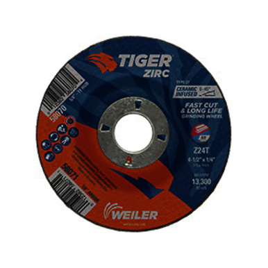 Tiger 58071 Performance Line Depressed Center Grinding Wheel, 4-1/2 in Dia x 1/4 in THK, 7/8 in Center Hole, 24 Grit, Zirconia Alumina Abrasive
