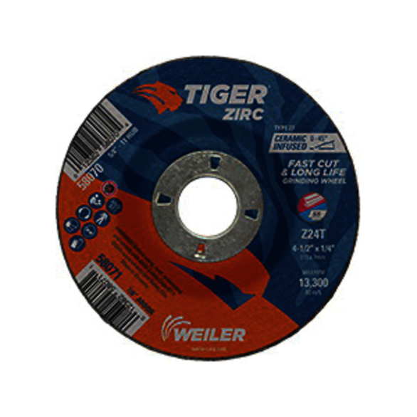 Tiger 58071 Performance Line Depressed Center Grinding Wheel, 4-1/2 in Dia x 1/4 in THK, 7/8 in Center Hole, 24 Grit, Zirconia Alumina Abrasive