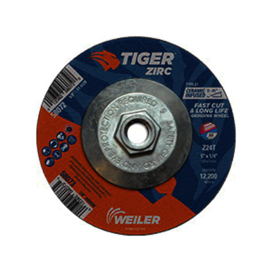 Tiger 58072 Performance Line Depressed Center Grinding Wheel, 5 in Dia x 1/4 in THK, 24 Grit, Zirconia Alumina Abrasive