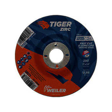 Tiger 58073 Performance Line Depressed Center Grinding Wheel, 5 in Dia x 1/4 in THK, 7/8 in Center Hole, 24 Grit, Zirconia Alumina Abrasive