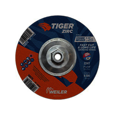 Tiger 58074 Performance Line Depressed Center Grinding Wheel, 7 in Dia x 1/4 in THK, 24 Grit, Zirconia Alumina Abrasive