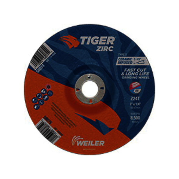 Tiger 58075 Performance Line Depressed Center Grinding Wheel, 7 in Dia x 1/4 in THK, 7/8 in Center Hole, 24 Grit, Zirconia Alumina Abrasive