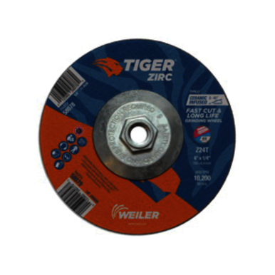 Tiger 58078 Performance Line Depressed Center Grinding Wheel, 6 in Dia x 1/4 in THK, 24 Grit, Zirconia Alumina Abrasive