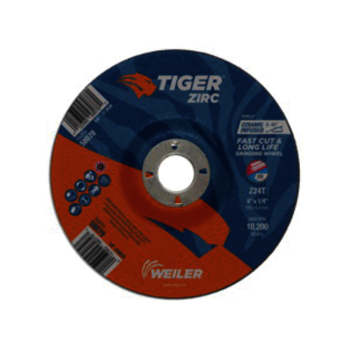 Tiger 58079 Performance Line Depressed Center Grinding Wheel, 6 in Dia x 1/4 in THK, 7/8 in Center Hole, 24 Grit, Zirconia Alumina Abrasive