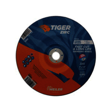 Tiger 58083 Performance Line Depressed Center Grinding Wheel, 9 in Dia x 1/4 in THK, 7/8 in Center Hole, 24 Grit, Zirconia Alumina Abrasive