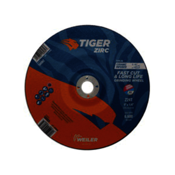 Tiger 58083 Performance Line Depressed Center Grinding Wheel, 9 in Dia x 1/4 in THK, 7/8 in Center Hole, 24 Grit, Zirconia Alumina Abrasive