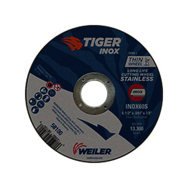 Tiger INOX 58100 Flat Long Life Performance Line Thin Cut-Off Wheel, 4-1/2 in Dia x 0.045 in THK, 7/8 in Center Hole, 60S Grit, White Aluminum Oxide Abrasive