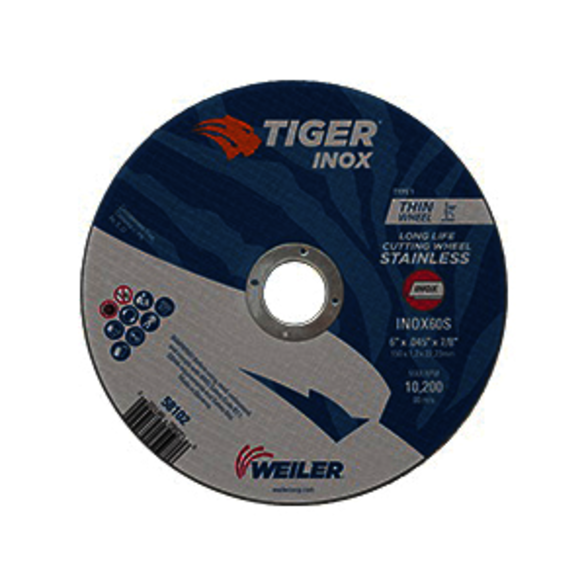 Tiger INOX 58102 Flat Long Life Performance Line Thin Cut-Off Wheel, 6 in Dia x 0.045 in THK, 7/8 in Center Hole, 60S Grit, White Aluminum Oxide Abrasive
