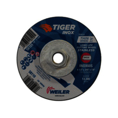 Tiger INOX 58109 Contaminant-Free Long Life Performance Line Thin Depressed Center Cutting Wheel, 4-1/2 in Dia x 0.045 in THK, 60 Grit, White Aluminum Oxide Abrasive