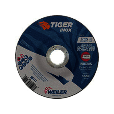 Tiger INOX 58111 Contaminant-Free Long Life Performance Line Thin Depressed Center Cutting Wheel, 5 in Dia x 0.045 in THK, 7/8 in Center Hole, 60 Grit, White Aluminum Oxide Abrasive
