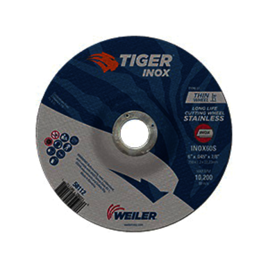 Tiger INOX 58112 Contaminant-Free Long Life Performance Line Thin Depressed Center Cutting Wheel, 6 in Dia x 0.045 in THK, 7/8 in Center Hole, 60 Grit, White Aluminum Oxide Abrasive