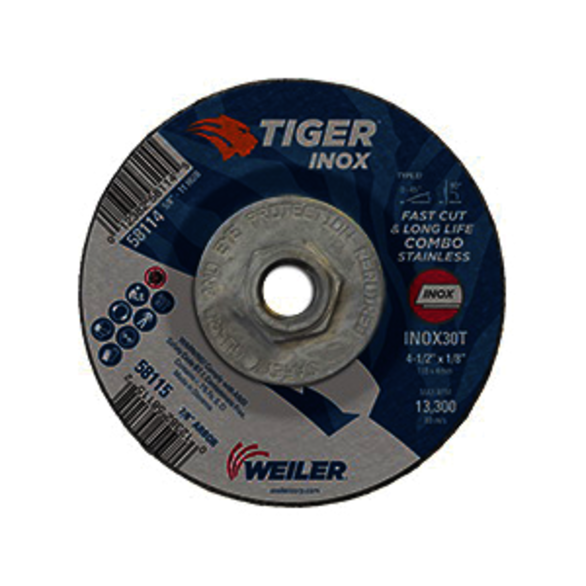 Tiger INOX 58114 Combination Contaminant-Free Long Life Performance Line Depressed Center Combo Wheel, 4-1/2 in Dia x 1/8 in THK, 30 Grit, White Aluminum Oxide Abrasive