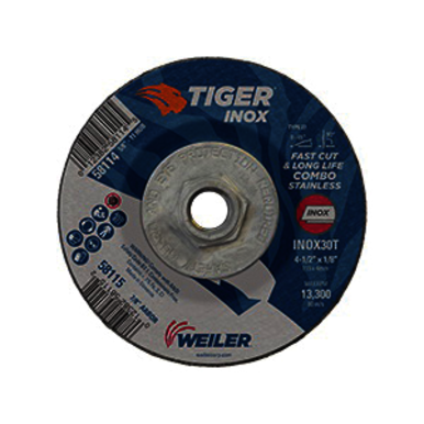 Tiger INOX 58115 Combination Contaminant-Free Long Life Performance Line Depressed Center Combo Wheel, 4-1/2 in Dia x 1/8 in THK, 7/8 in Center Hole, 30 Grit, White Aluminum Oxide Abrasive