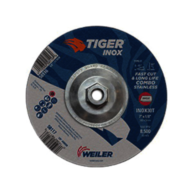 Tiger INOX 58116 Combination Contaminant-Free Long Life Performance Line Depressed Center Combo Wheel, 7-1/8 in Dia x 1/8 in THK, 30 Grit, White Aluminum Oxide Abrasive