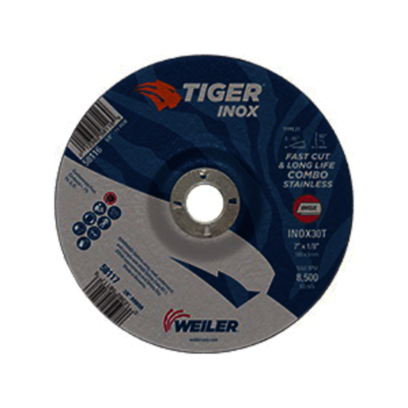 Tiger INOX 58117 Combination Contaminant-Free Long Life Performance Line Depressed Center Combo Wheel, 7-1/8 in Dia x 1/8 in THK, 7/8 in Center Hole, 30 Grit, White Aluminum Oxide Abrasive