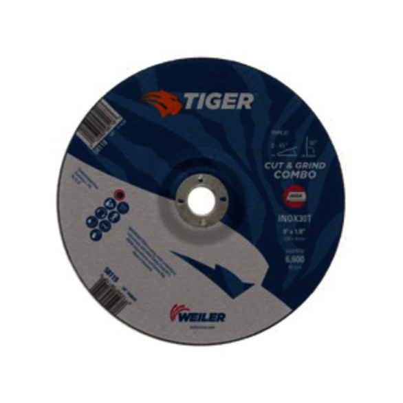 Tiger INOX 58119 Combination Contaminant-Free Long Life Performance Line Depressed Center Combo Wheel, 9 in Dia x 1/8 in THK, 7/8 in Center Hole, 30 Grit, White Aluminum Oxide Abrasive