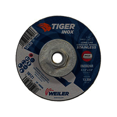 Tiger INOX 58120 Contaminant-Free Performance Line Depressed Center Grinding Wheel, 4-1/2 in Dia x 1/4 in THK, 24 Grit, White Aluminum Oxide Abrasive