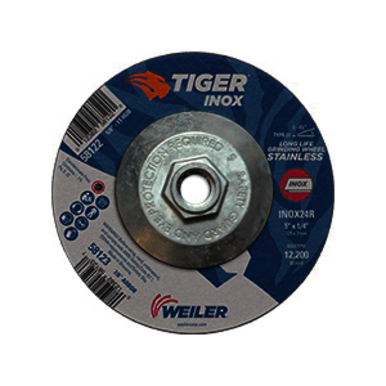 Tiger INOX 58122 Contaminant-Free Performance Line Depressed Center Grinding Wheel, 5 in Dia x 1/4 in THK, 24 Grit, White Aluminum Oxide Abrasive