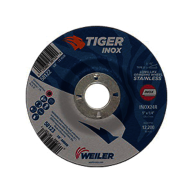 Tiger INOX 58123 Contaminant-Free Performance Line Depressed Center Grinding Wheel, 5 in Dia x 1/4 in THK, 7/8 in Center Hole, 24 Grit, White Aluminum Oxide Abrasive