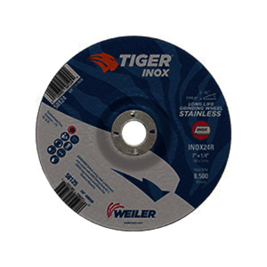 Tiger INOX 58125 Contaminant-Free Performance Line Depressed Center Grinding Wheel, 7 in Dia x 1/4 in THK, 7/8 in Center Hole, 24 Grit, White Aluminum Oxide Abrasive