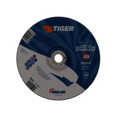 Tiger INOX 58127 Contaminant-Free Performance Line Depressed Center Grinding Wheel, 9 in Dia x 1/4 in THK, 7/8 in Center Hole, 24 Grit, White Aluminum Oxide Abrasive