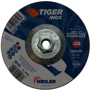 Tiger 58128 High Performance Grinding Wheel, 6 in Dia x 1/4 in THK, 5/8-11 UNC Center Hole, 24 Grit, Aluminum Oxide Abrasive
