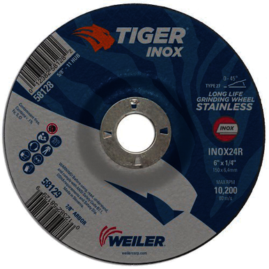 Tiger 58129 High Performance Grinding Wheel, 6 in Dia x 1/4 in THK, 7/8 in Center Hole, 24 Grit, Aluminum Oxide Abrasive