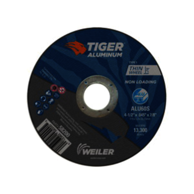 Tiger 58200 Long Life Non-Loading Performance Line Cut-Off Wheel, 4-1/2 in Dia x 0.045 in THK, 7/8 in Center Hole, 60S Grit, Aluminum Oxide/Silicon Carbide Abrasive