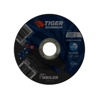 Tiger 58205 Long Life Non-Loading Performance Line Depressed Center Cutting Wheel, 4-1/2 in Dia x 0.045 in THK, 7/8 in Center Hole, 60 Grit, Silicon Carbide/Aluminum Oxide Abrasive