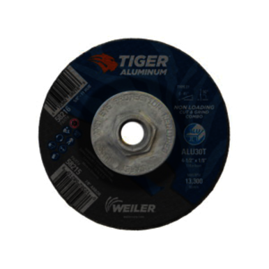 Tiger 58216 Combination Contaminant-Free Long Life Non-Loading Performance Line Depressed Center Combo Wheel, 4-1/2 in Dia x 1/8 in THK, 30 Grit, Silicon Carbide/Aluminum Oxide Abrasive