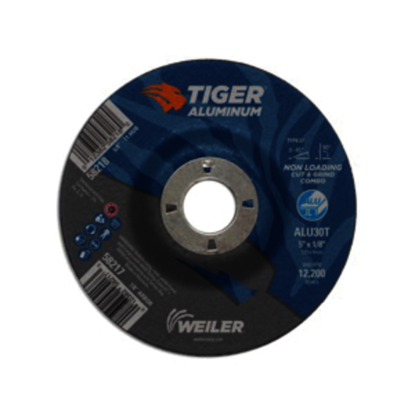 Tiger 58217 Combination Contaminant-Free Long Life Non-Loading Performance Line Depressed Center Combo Wheel, 5 in Dia x 1/8 in THK, 7/8 in Center Hole, 30 Grit, Silicon Carbide/Aluminum Oxide Abrasive