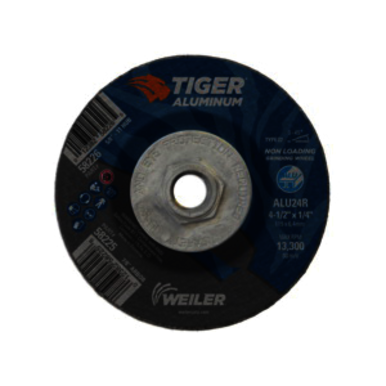 Tiger 58226 Contaminant-Free Non-Loading Performance Line Depressed Center Grinding Wheel, 4-1/2 in Dia x 1/4 in THK, 24 Grit, Silicon Carbide/Aluminum Oxide Abrasive