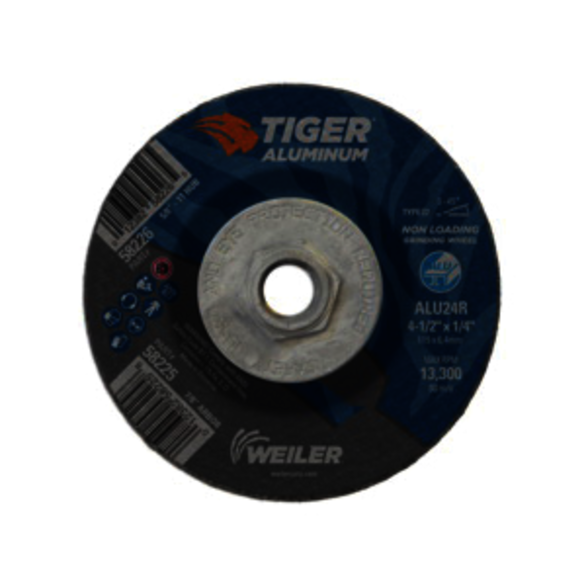 Tiger 58226 Contaminant-Free Non-Loading Performance Line Depressed Center Grinding Wheel, 4-1/2 in Dia x 1/4 in THK, 24 Grit, Silicon Carbide/Aluminum Oxide Abrasive