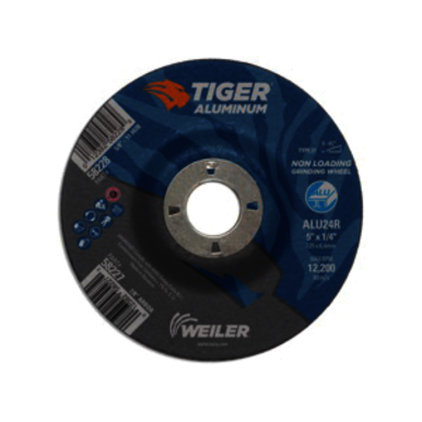 Tiger 58227 Contaminant-Free Non-Loading Performance Line Depressed Center Grinding Wheel, 5 in Dia x 1/4 in THK, 7/8 in Center Hole, 24 Grit, Silicon Carbide/Aluminum Oxide Abrasive