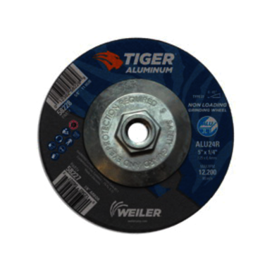 Tiger 58228 Contaminant-Free Non-Loading Performance Line Depressed Center Grinding Wheel, 5 in Dia x 1/4 in THK, 24 Grit, Silicon Carbide/Aluminum Oxide Abrasive