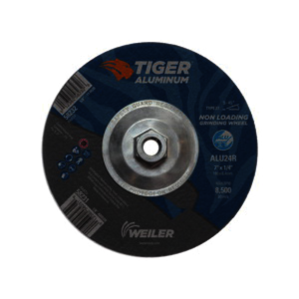 Tiger 58232 Contaminant-Free Non-Loading Performance Line Depressed Center Grinding Wheel, 7 in Dia x 1/4 in THK, 24 Grit, Silicon Carbide/Aluminum Oxide Abrasive
