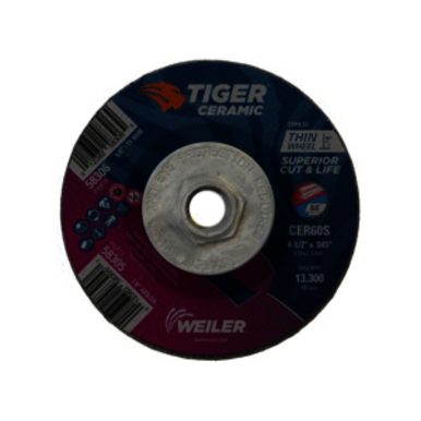 Tiger 58306 Performance Line Superior Life and Cut Depressed Center Cutting Wheel, 4-1/2 in Dia x 0.045 in THK, 60 Grit, Ceramic Alumina Abrasive