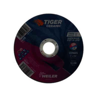 Tiger 58307 Performance Line Superior Life and Cut Depressed Center Cutting Wheel, 5 in Dia x 0.045 in THK, 7/8 in Center Hole, 60 Grit, Ceramic Alumina Abrasive