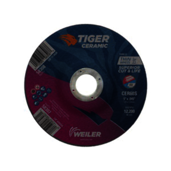 Tiger 58307 Performance Line Superior Life and Cut Depressed Center Cutting Wheel, 5 in Dia x 0.045 in THK, 7/8 in Center Hole, 60 Grit, Ceramic Alumina Abrasive