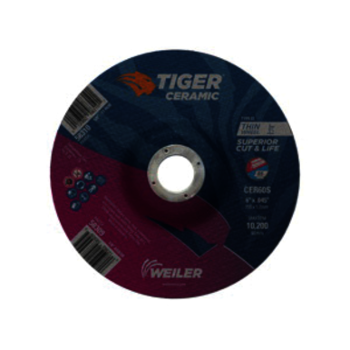 Tiger 58309 Performance Line Superior Life and Cut Depressed Center Cutting Wheel, 6 in Dia x 0.045 in THK, 7/8 in Center Hole, 60 Grit, Ceramic Alumina Abrasive