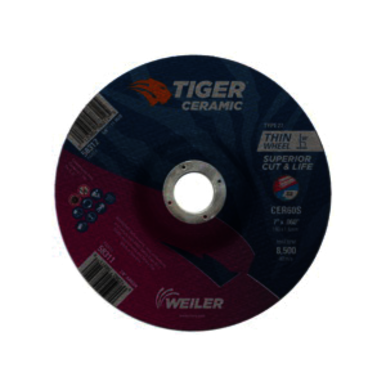 Tiger 58311 Performance Line Superior Life and Cut Depressed Center Cutting Wheel, 7 in Dia x 0.06 in THK, 7/8 in Center Hole, 60 Grit, Ceramic Alumina Abrasive