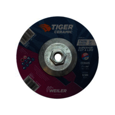 Tiger 58312 Performance Line Superior Life and Cut Depressed Center Cutting Wheel, 7 in Dia x 0.06 in THK, 60 Grit, Ceramic Alumina Abrasive