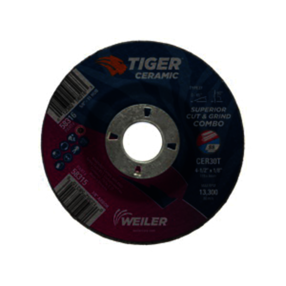 Tiger 58315 Combination Long Life Performance Line Superior Life and Cut Depressed Center Combo Wheel, 4-1/2 in Dia x 1/8 in THK, 7/8 in Center Hole, 30 Grit, Ceramic Alumina Abrasive