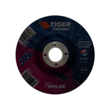 Tiger 58317 Combination Long Life Performance Line Superior Life and Cut Depressed Center Combo Wheel, 5 in Dia x 1/8 in THK, 7/8 in Center Hole, 30 Grit, Ceramic Alumina Abrasive